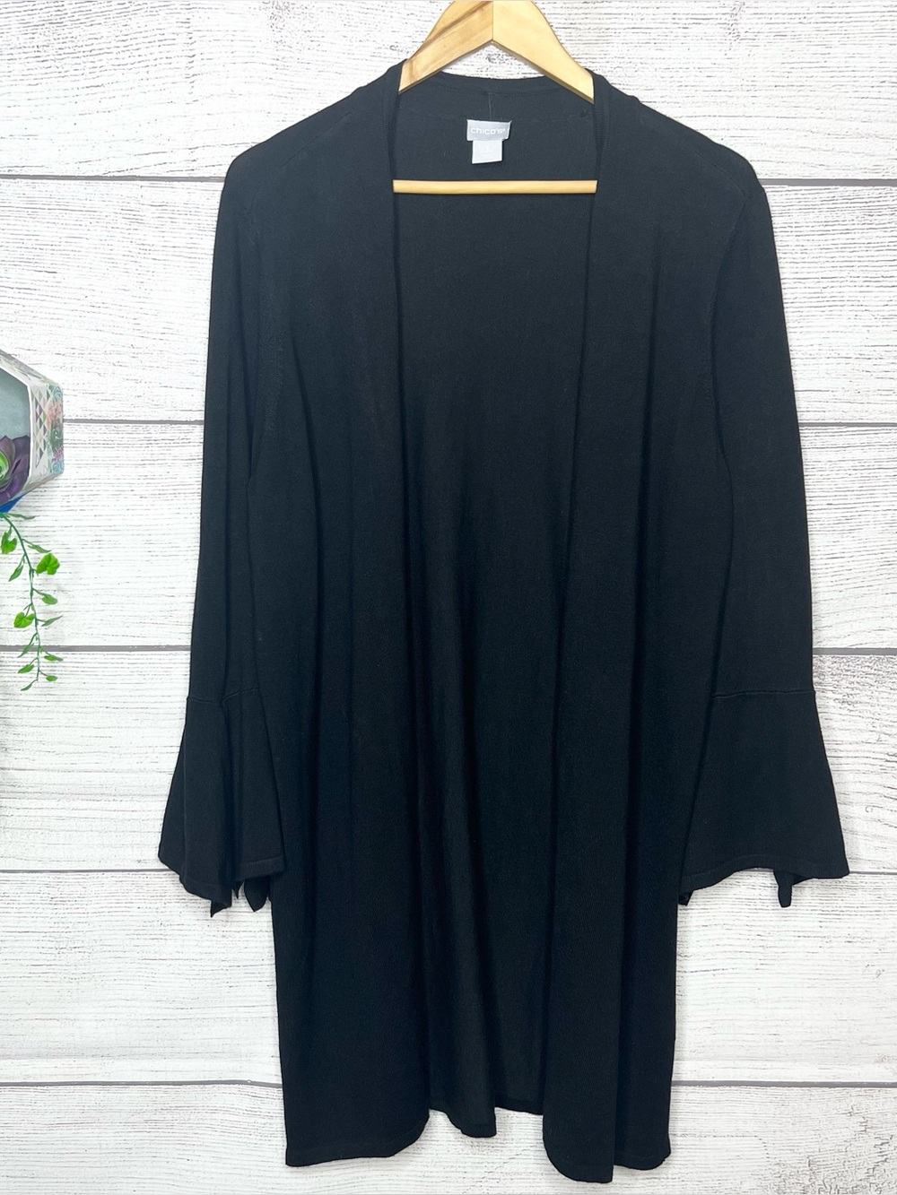 Chico’s Long Black Open Front Cardigan with Flared Bell Sleeves Size Large